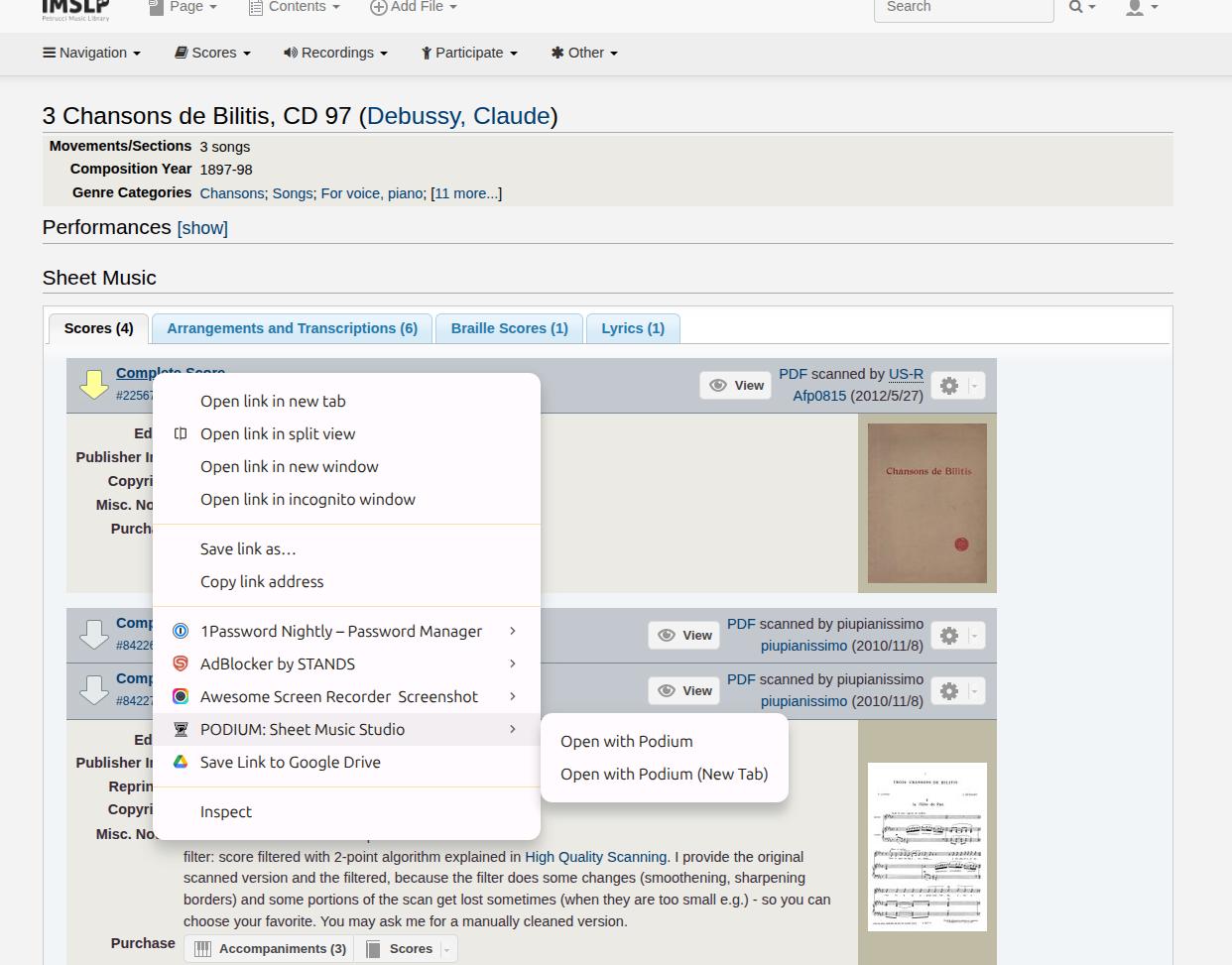 Podium context menu on IMSLP