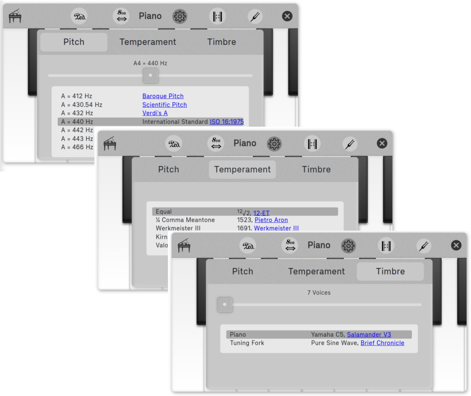 Piano settings panel