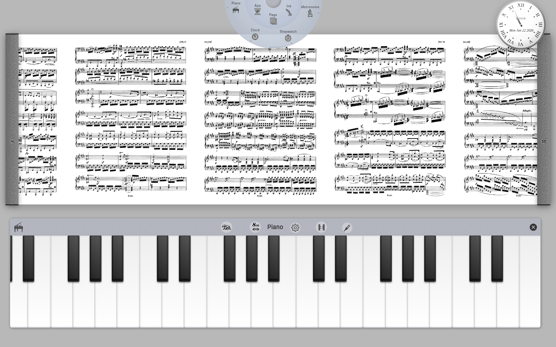 Podium open on a desktop monitor showing three pages of sheet music side-by-side in horizontal scroll layout