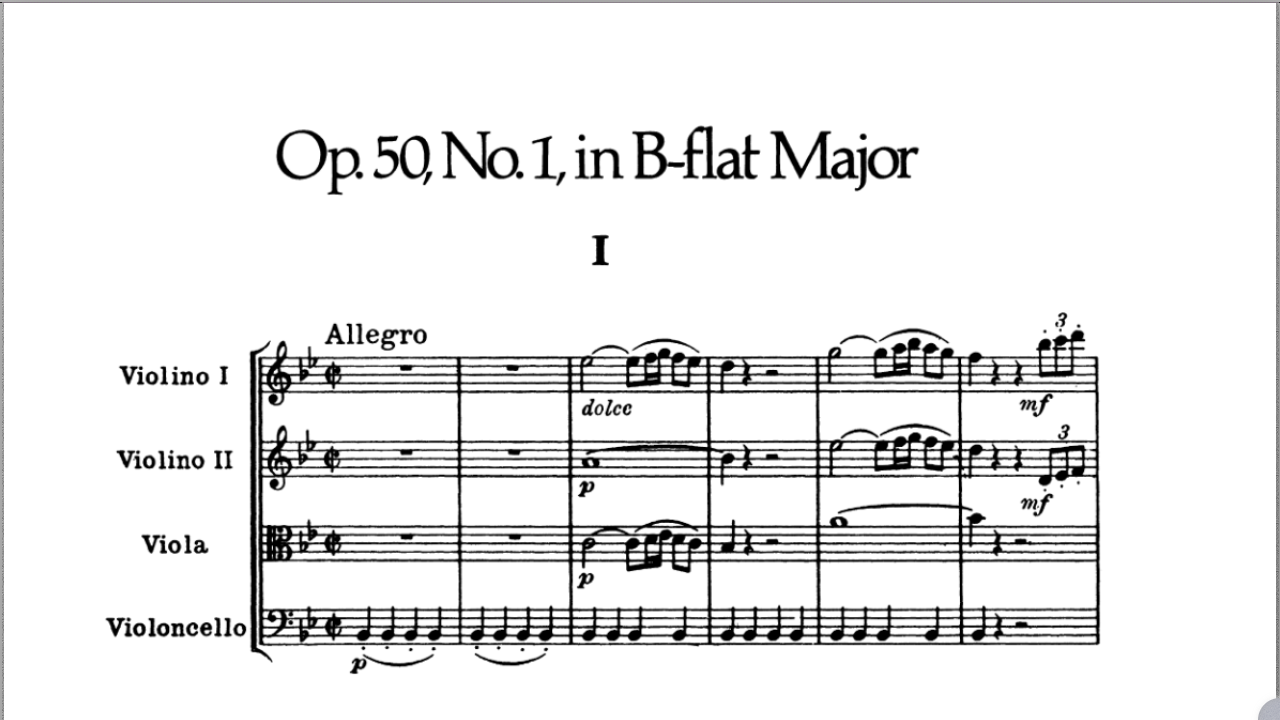 Podium open on a landscape mobile phone screen showing a string quartet score system in vertical view