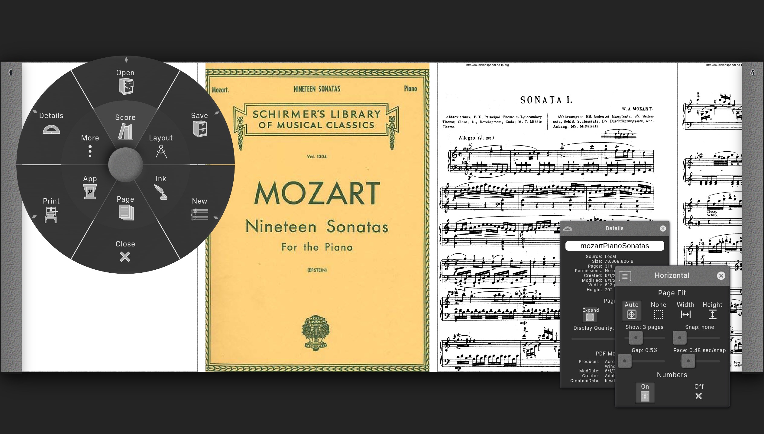 Circular menu open over a score