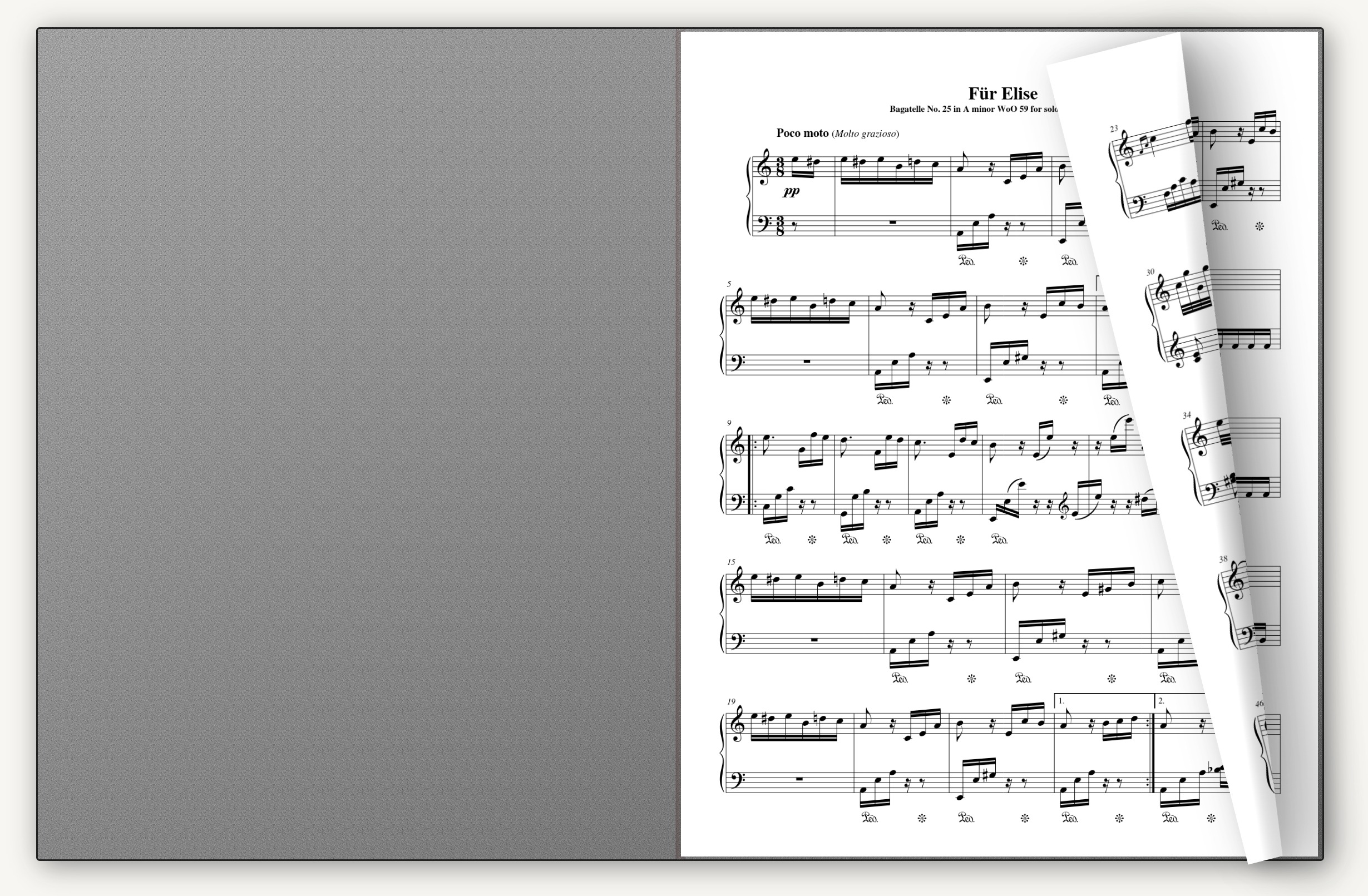 A piano score open in Podium's book layout, the first page mid-turn