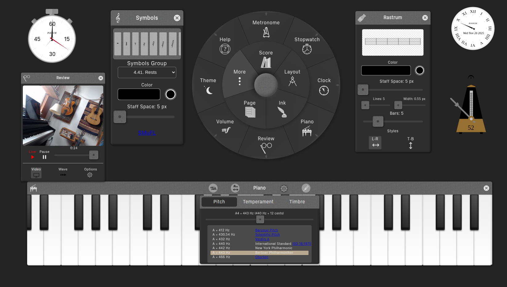 Podium practice tools and panels in dark mode